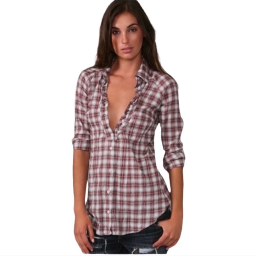 Free People Plaid Studded Button Down Shirt